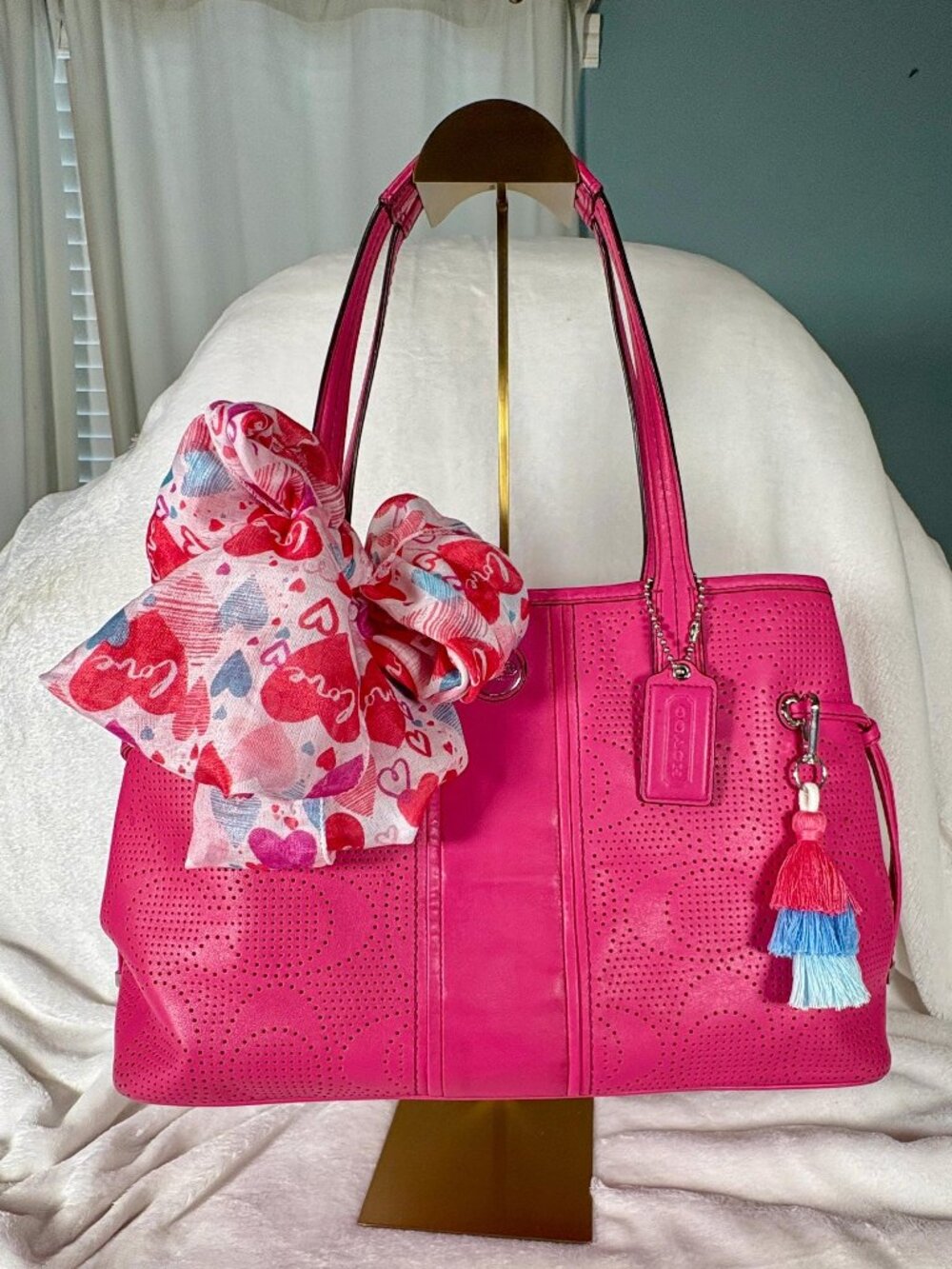 Coach PINK Signature Perforated Leather Carryall Tote with Scarf and Charm
